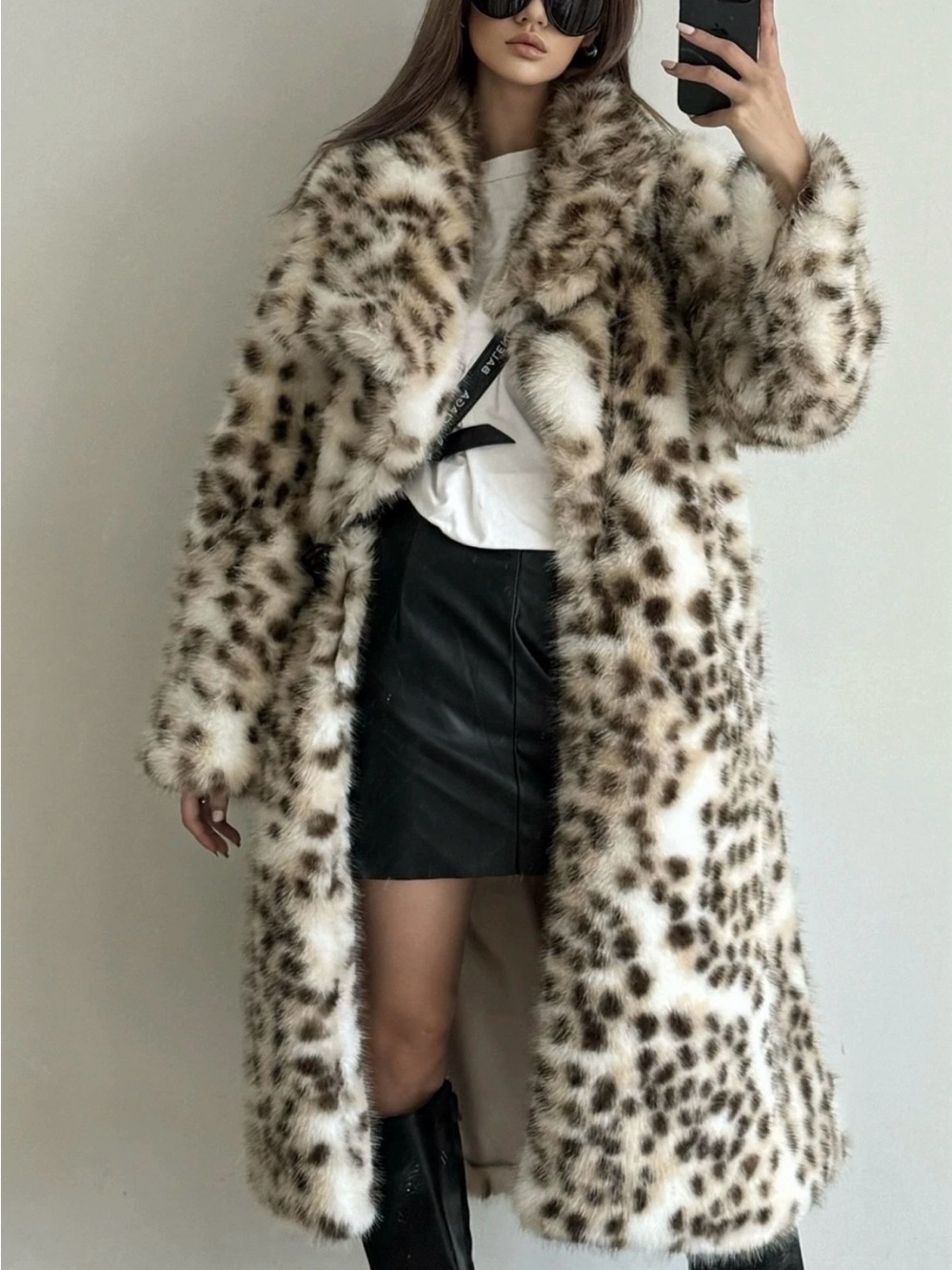 {EUC} LASETI Leopard Print Faux Fur Long Coat - Cream/Beige- M